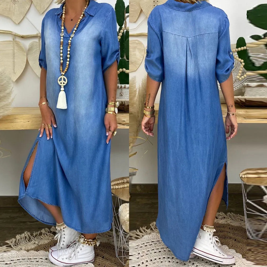 Charlotte | Long Denim-Look Dress with Side Slit