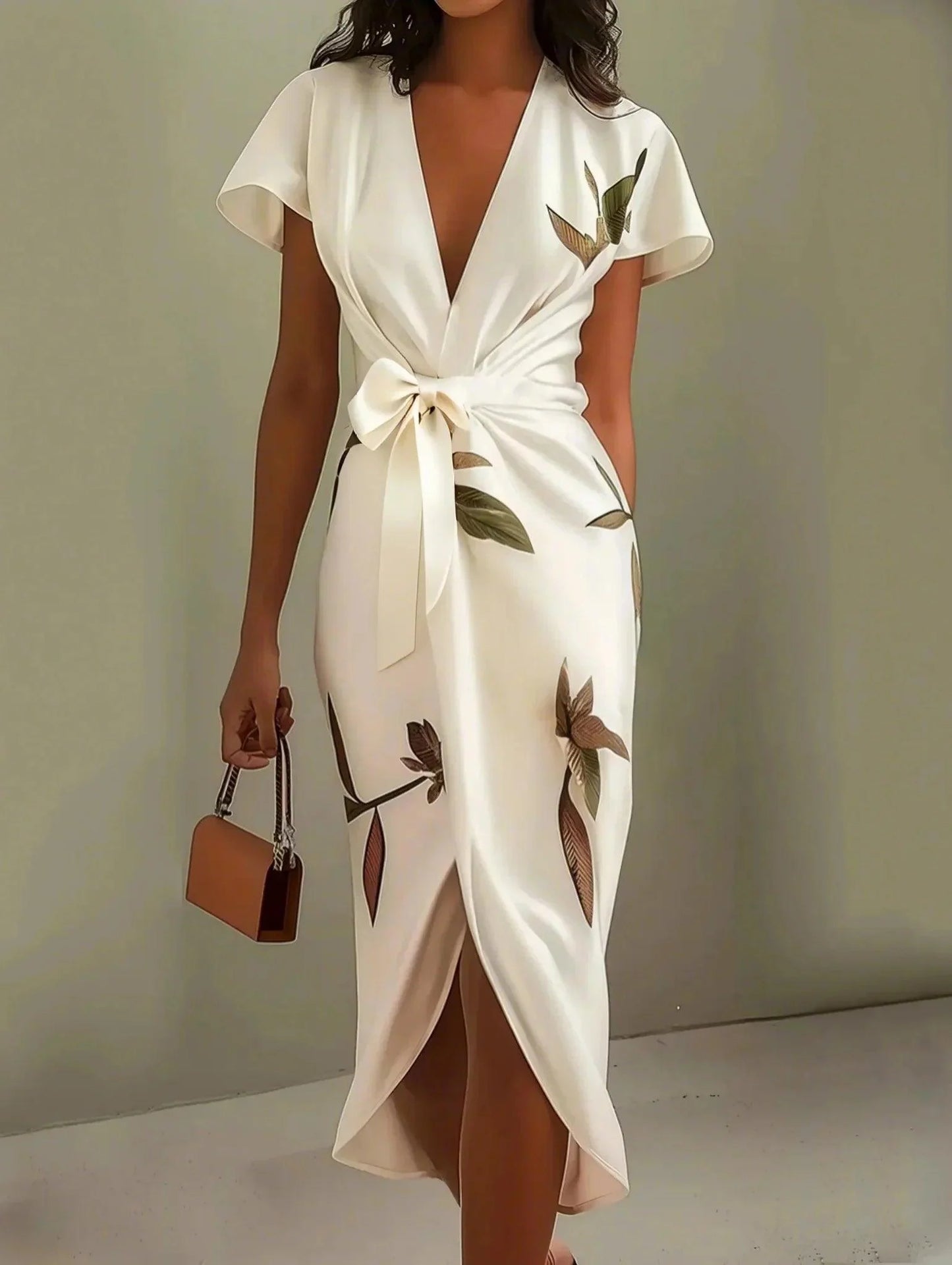Sanne | Elegant midi dress with short sleeves and a subtle leaf print