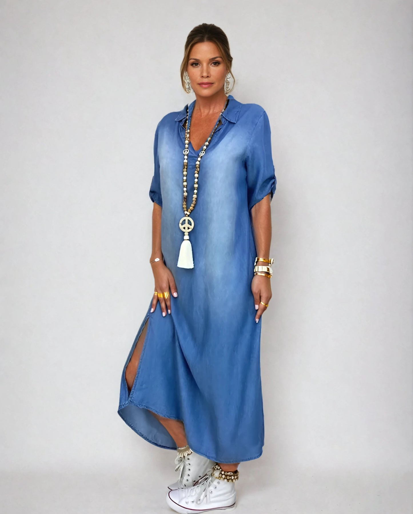 Charlotte | Long Denim-Look Dress with Side Slit