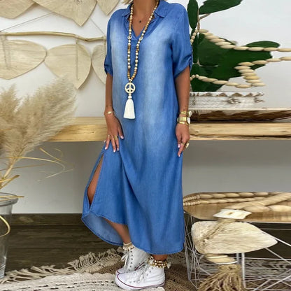 Charlotte | Long Denim-Look Dress with Side Slit
