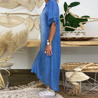 Charlotte | Long Denim-Look Dress with Side Slit