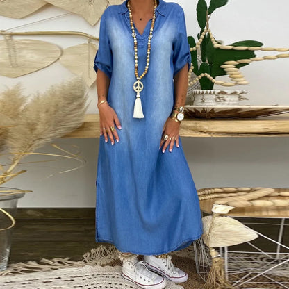 Charlotte | Long Denim-Look Dress with Side Slit