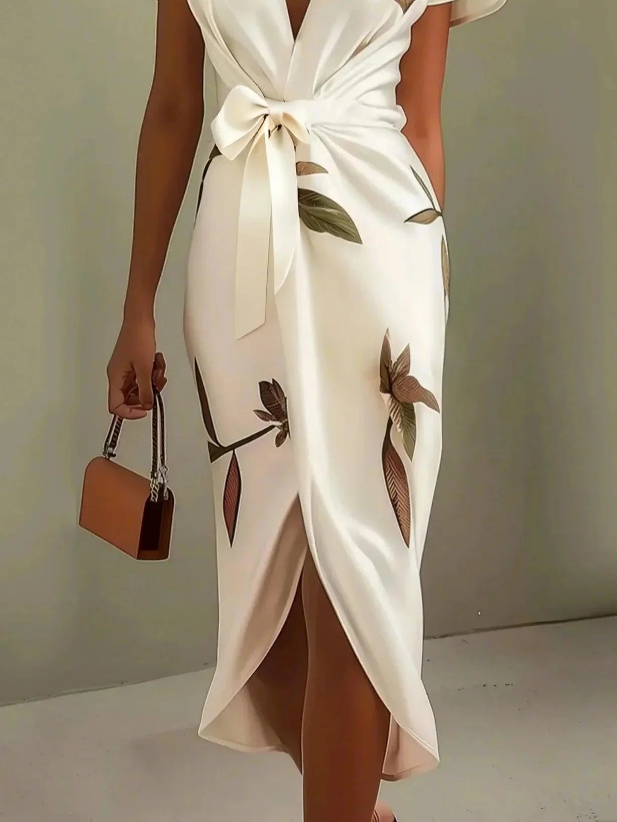 Sanne | Elegant midi dress with short sleeves and a subtle leaf print