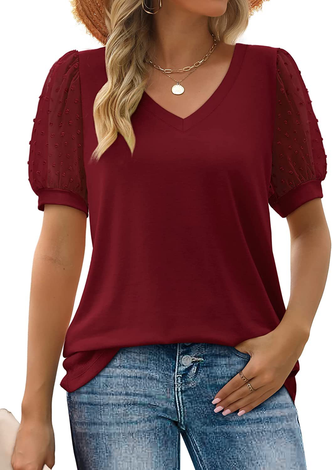 Noelle | Chic Sheer-Sleeve V-Neck Top