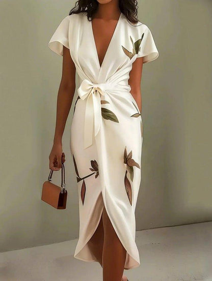 Sanne | Elegant midi dress with short sleeves and a subtle leaf print