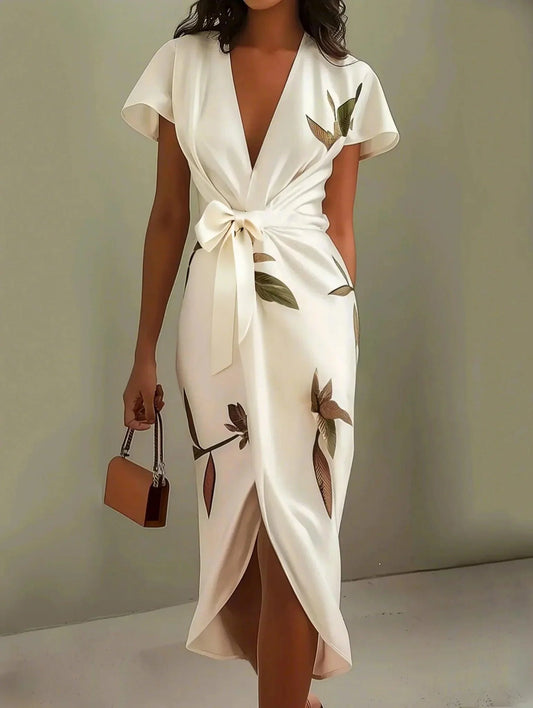 Sanne | Elegant midi dress with short sleeves and a subtle leaf print