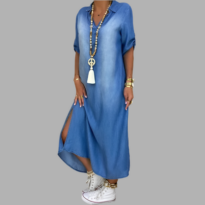 Charlotte | Long Denim-Look Dress with Side Slit