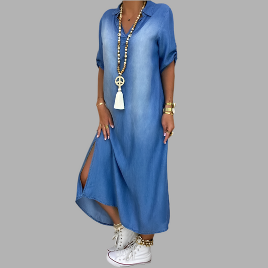 Charlotte | Long Denim-Look Dress with Side Slit
