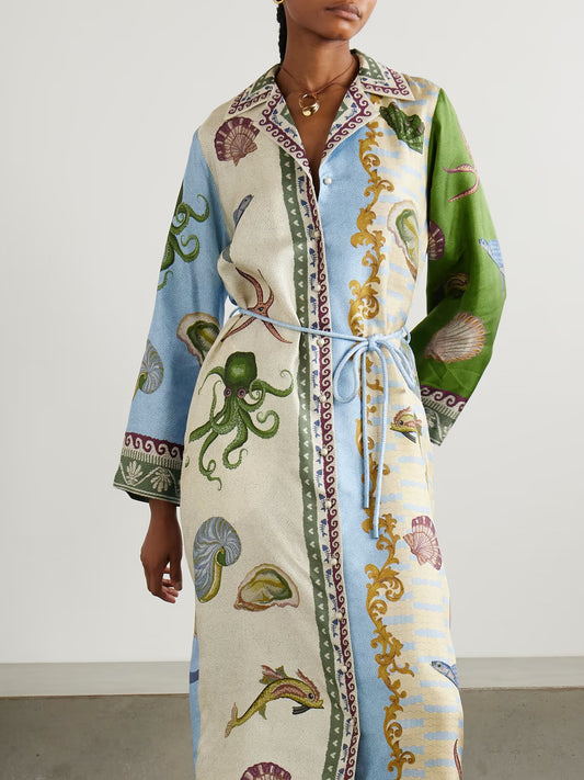 Oceana | Printed Belted Midi Shirt Dress